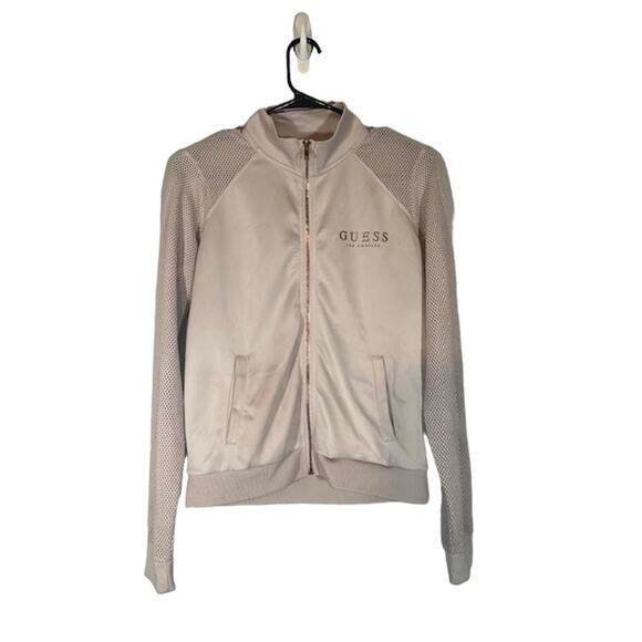 Guess Pink & Rose Gold Logo Long Sleeve Mock Neck Full Zip Jacket Women Sz M - Picture 1 of 12